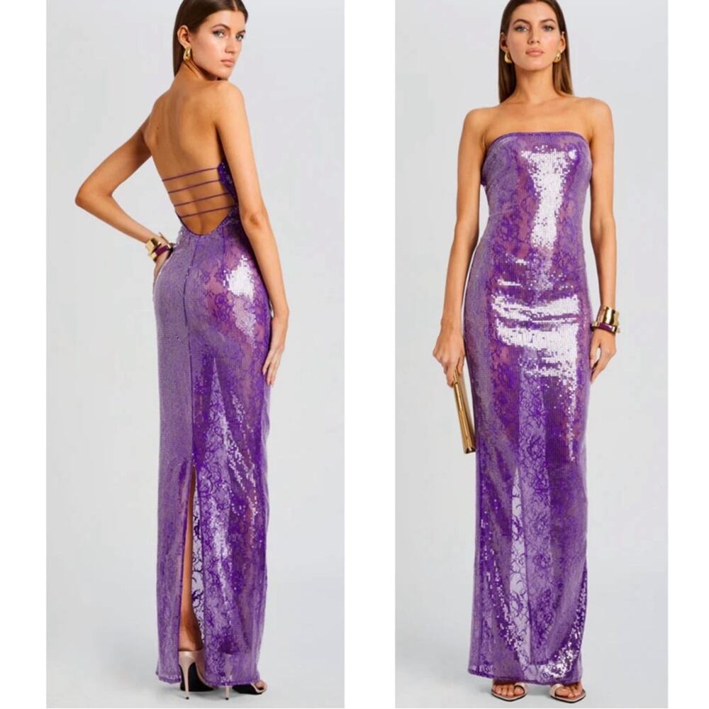 RETROFETE Lucia Sequin Strapless Bodycon Lace Sheer Purple Maxi Dress Size XXS - Picture 2 of 12